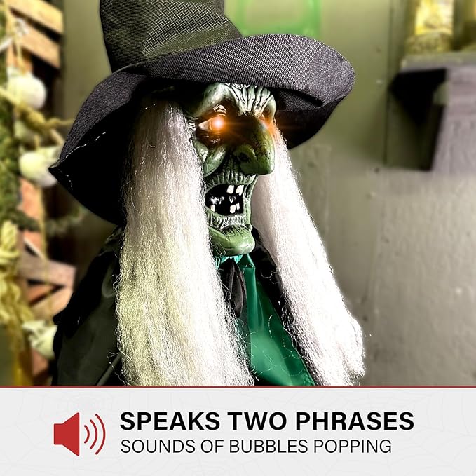 Haunted Hill Farm Lifesize Scary Talking Witch Prop with Cauldron and Broom with Touch Activated Lights and Sound, Battery-Operated Indoor or Covered Outdoor Halloween Decoration