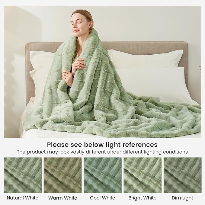 Cozy Bliss Fluffy Queen Size Throw Blankets for Bed,Lightweight Cozy Soft Green Faux Fur Throw Blankets for Sofa Bedroom Living Room,90x90 Inches