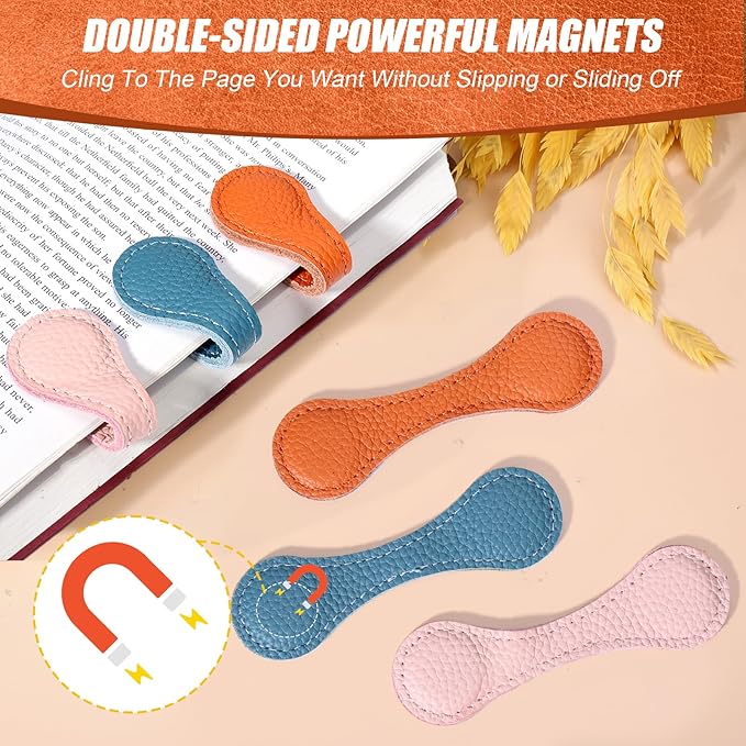 Palksky Magnetic Bookmark,6PCS Genuine Leather Book Markers Magnet, Morandi Colors Vintage Leather Magnet Markers Clips for Reading Women Men Teachers Students, Book Accessories, Book Lovers Gifts