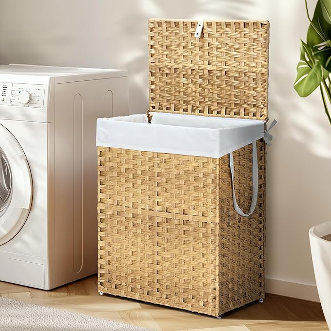 Sweetcrispy Foldable Laundry Hamper–Large Capacity Clothes Basket with Lid, 23.8 Gallon (90L) Bin for Bedroom, Bathroom, and Wash Room–Double Insert Storage Organizer, Goose Yellow