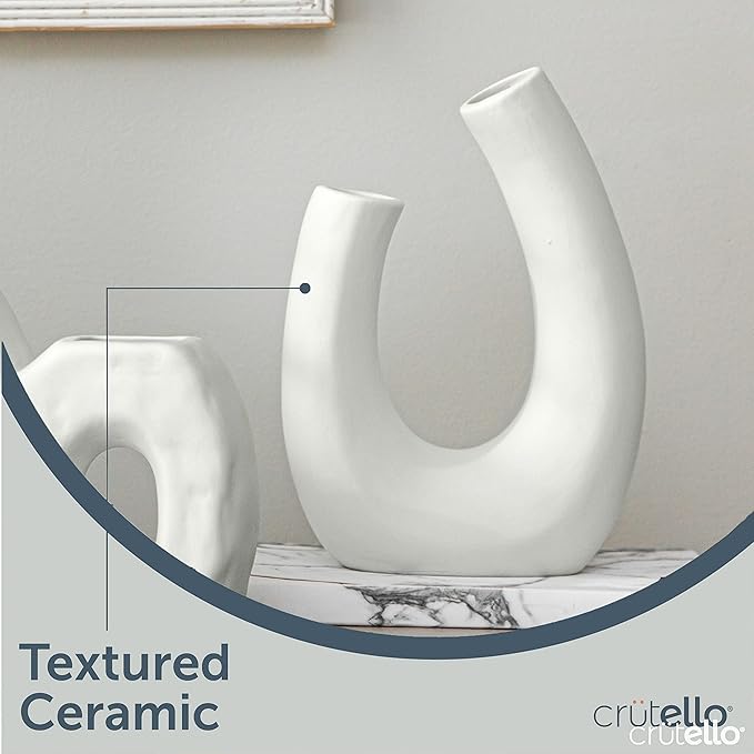 Crutello Minimalist White Ceramic U Style Vase - Set of 2 Modern Home Decor for Mantles, Bookshelves, Tables, Entryways