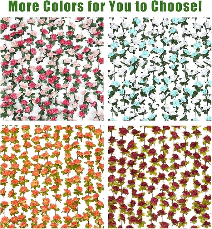 BLEUM CADE 12Pcs 98.4Ft Flower Garland Artificial Rose Vines for Bedroom, Cute Fake Hanging Flower Vines Floral Garland Decorations for Wedding Party Wall Room Decor Aesthetic