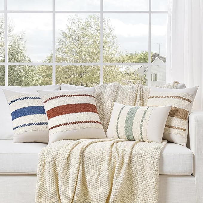 Fancy Homi Set of 2 Boho Neutral Decorative Throw Pillow Cover 20x20 Inch for Couch Bed Sofa, Aesthetic Modern Organic Farmhouse Home Decor, Soft Cotton Cute Accent Macrame Woven Tan Cushion Case