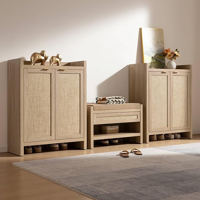 SICOTAS Shoe Cabinet Set of 2, Large Capacity Shoe Storage Organizer Cabinet, Tall Rattan Shoe Cabinet with Doors and Shelves, 6-Tier Farmhouse Boho Wooden Storage Cabinet for Entryway, Light Oak