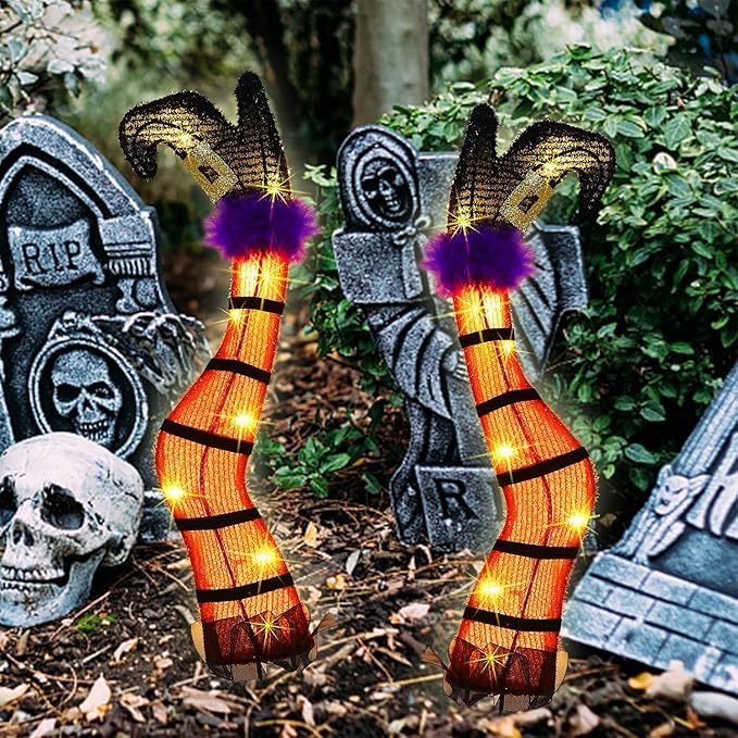Juegoal Set of 2 Halloween Lighted Wicked Orange Witch Legs with Stakes, 22" Light Up Tinsel Halloween Yard Sign Prop Timer & 8 Modes, Battery Operated for Outdoor Party Haunted House Garden Decor