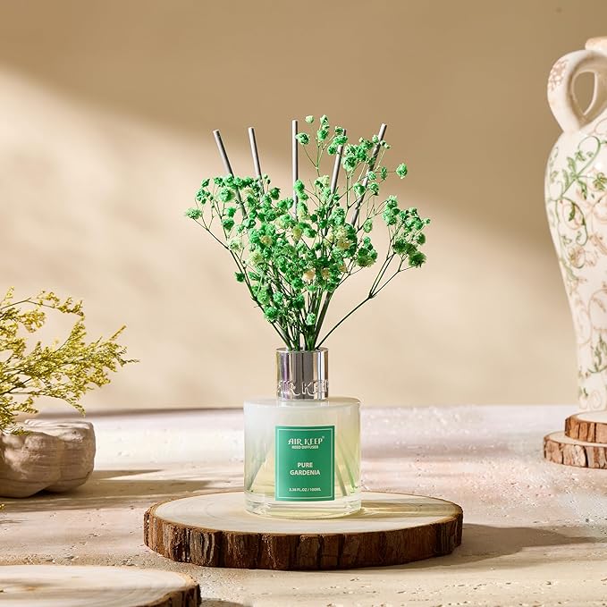Airkeep Reed Diffuser Set,3.38 fl oz (100 ml) - Pure Gardenia Oil Diffusers with 8 Reed Sticks, Home Fragrance Reed Diffuser for Bathroom Shelf Decor
