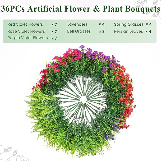 36 Bundles Artificial Flowers for Outdoors Spring Summer Decoration, UV Resistant Eucalyptus Violet and Lavender Silk Fake Plants for Outside Indoor Yard Home Patio Decor, Red Rose Purple