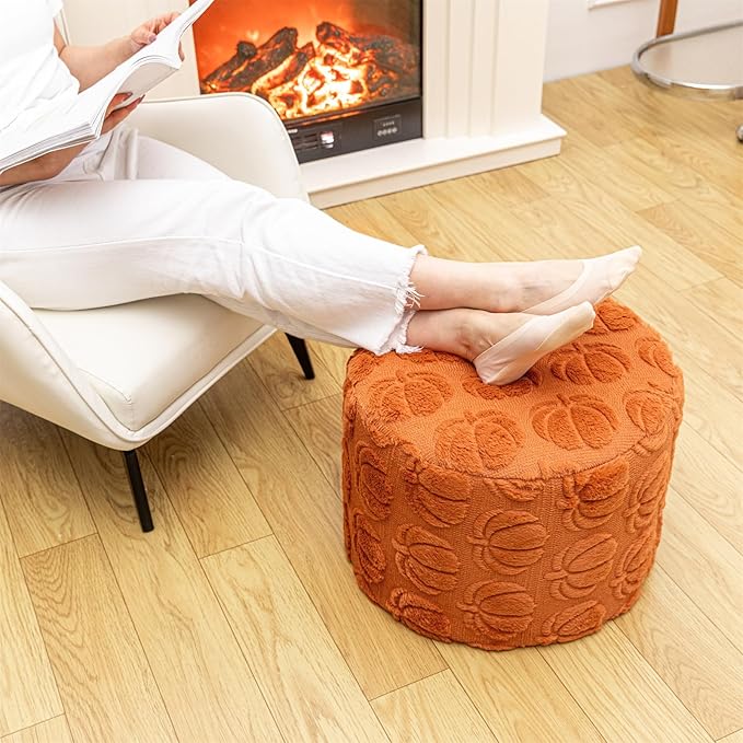 Asuprui Round Stuffed Ottoman Modern Supportive Foam Ottoman Foot Rest Furry Pouf Foot Stool 18x14 Inches Floor Poufs Foot Rest for Living Room Bedroom (Rust)