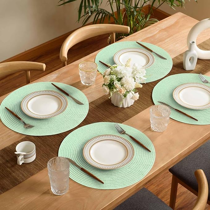 FunWheat Round Braided Placemats Set of 6 Place mats for Dining Tables Woven Heat Resistant Table Mats 15 inch (Mint Green)