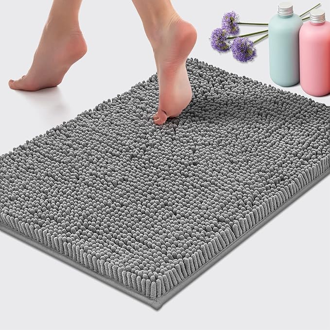 LuxUrux 2 Piece Bathroom Rug Set - Premium Plush Bath Mat Shower Rugs, 1" Chenille Microfiber, Non-Slip & Absorbent, Soft & Cozy, Durable Stylish (20x30 & 16x24 inches, Light Grey)
