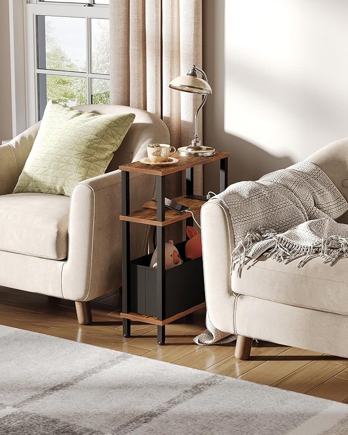 Small Narrow Side Table with Charging Station, Skinny End Table with Fabric Basket, Slim Nightstand for Small Spaces, Sofa Side Table, for Living Room, Bedroom, Rustic Brown and Black TBZ07UBF