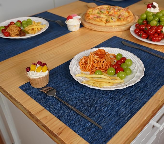 Zupro Placemats Set of 4 Washable Heat-Resistant Non Slip Braided Table Mats Woven PVC Vinyl Kitchen Dining Patio Table Place Mats for Dinner Parties BBQs Indoor and Ourdoor Use.18"x12"(Navy Blue)