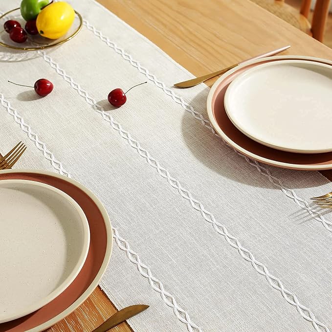 Chassic Rustic Farmhouse Style Linen Table Runner, Boho Handmade Fringe Braided Stripe Table Runners 108 Inches Long for Holiday Party, Wedding and Dining Decorations, 13 x 108 inch - Ivory