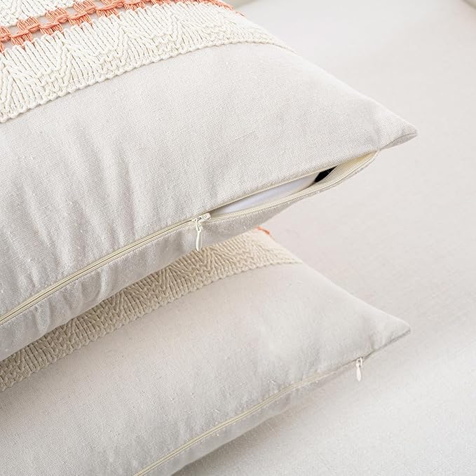 Fancy Homi Set of 2 Boho Coral Decorative Throw Pillow Cover 20x20 Inch for Couch Bed Sofa, Aesthetic Modern Organic Farmhouse Home Decor, Soft Cotton Cute Accent Macrame Woven Cushion Case