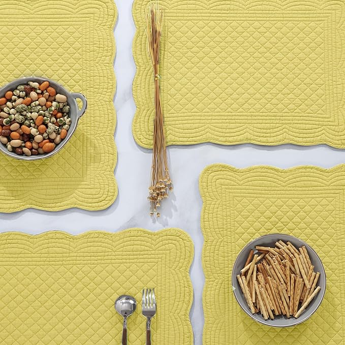 HOMBYS Quilted Placemats Set of 6 Washable-13x18 inches Rectangular Placemats for Kitchen Table-100% Cotton Fabric Rectangular Table Mats, (Yellow)