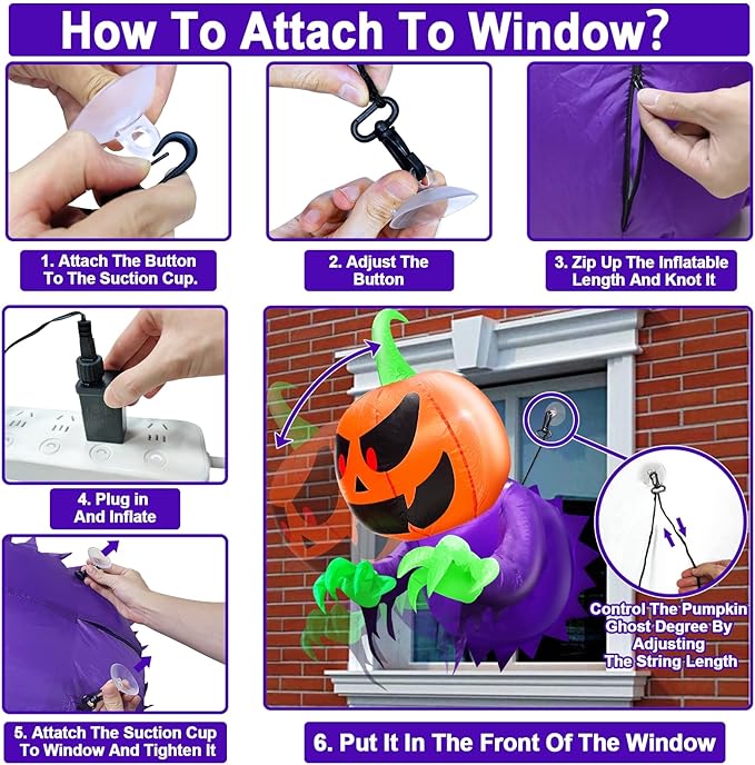 TURNMEON 4 Ft Halloween Inflatable Decorations Outdoor Pumpkin Ghost Broke Out from Window, Blow Up with Build-in LED Lights for Halloween Decorations Outside Indoor Home Party Yard Garden Lawn Decor
