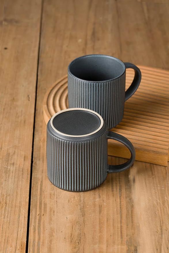 famiware Coffee Mug Set for 6, Star 12 oz Catering Mugs Cup Set with Handle for Coffee, Tea, Cocoa, Milk - Ceramic Stoneware Drinkware Set, Matte Dark Charcoal