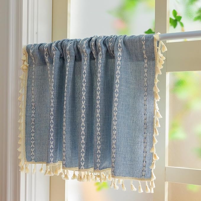 Sutuo Home Boho Farmhouse Curtains Valance 18 Inches Long for Kitchen Windows, Bohemian Short Curtains Light Filtering Vintage Tassels Long Embroidery Stripes, Rod Pocket 1 Panel 52" W x 18" L, Blue