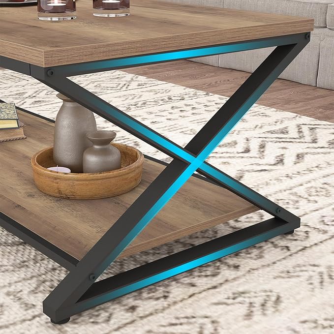 HSH Rustic Wood Coffee Table, Modern Farmhouse Living Room Table, Minimalist Center Table with Storage & Display Shelf, 2 Tier Simple Rectangle Cocktail Tea Table for Home Office Bedroom, 47 Inch
