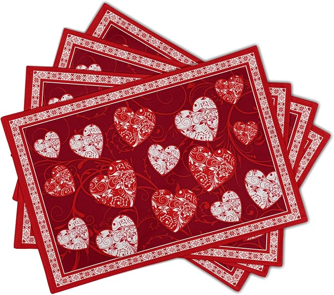 Giwawa Love Heart Placemats Set of 4, Valentines Day Red White Hearts Print Linen Place Mat 12x18 Inch, Romantic Non-Slip Washable Table Mats Kitchen Dining Tabletop Holiday Party Wedding Decor