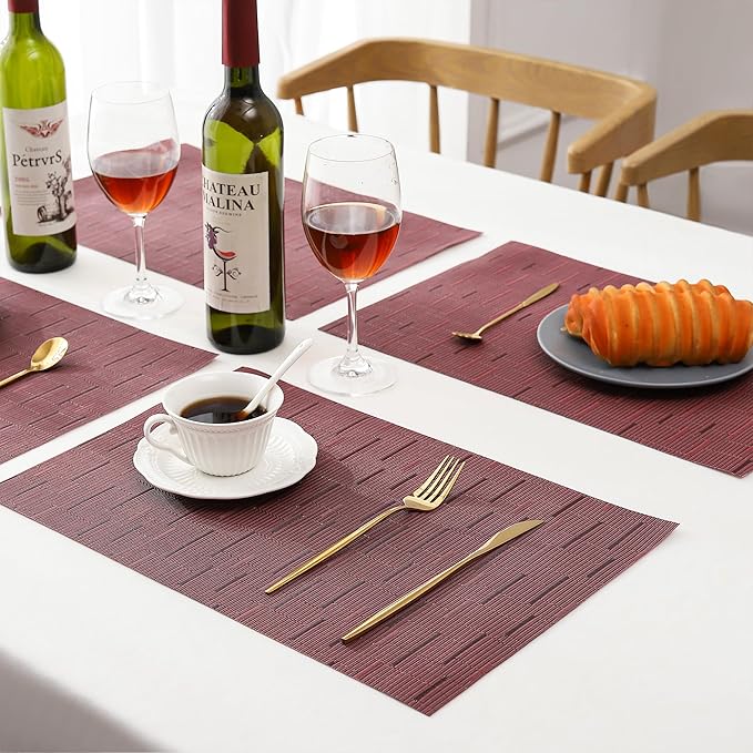 Leetaltree Burgundy Placemats Set of 12 - Heat Resistant Non-Slip Place mats for Dining Table, Washable Durable PVC Vinyl Woven Table Mats(Burgundy, 12)