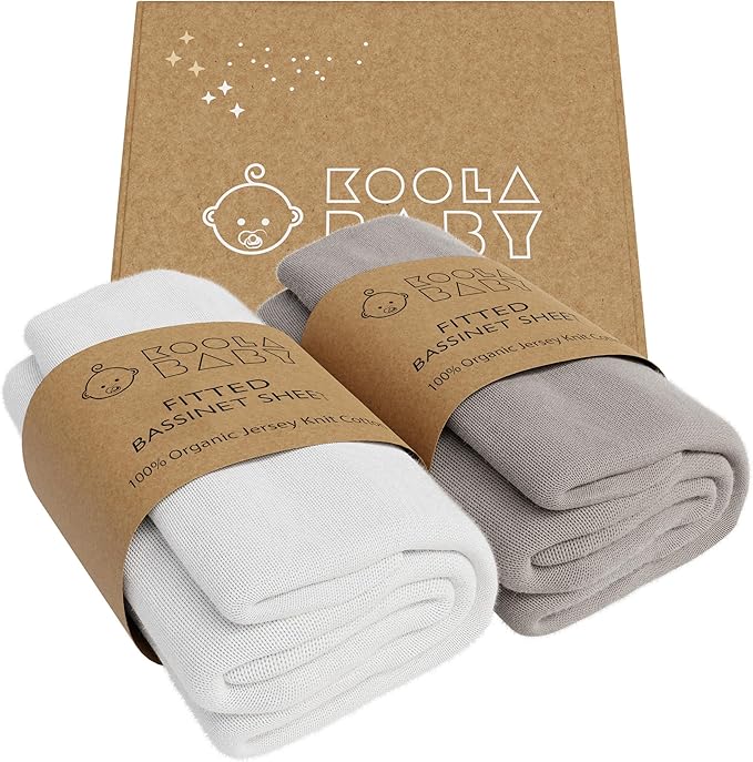 Bassinet Fitted Sheets - Compatible with Chicco LullaGo Anywhere, Baby Bjorn Cradle | 100% Organic Jersey Cotton - White + Grey | 29x14 (2 Pack)