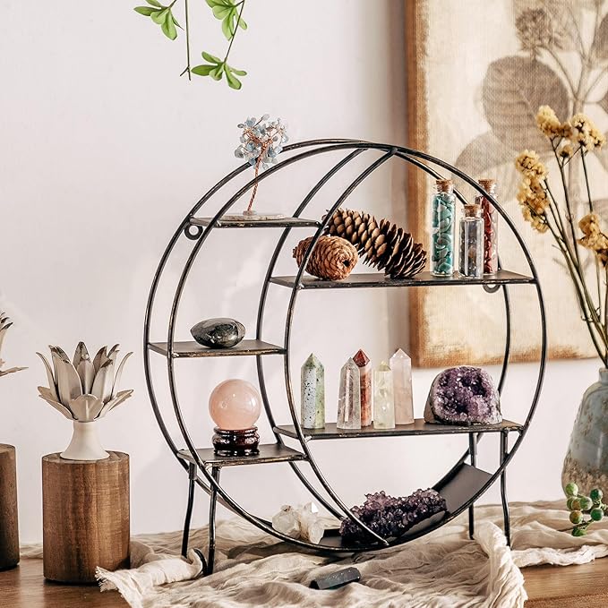 Moon Shelf for Crystals - Circle Shelf Wall Decor for Wall and Countertop - Crystal Shelf Display for Stones, Essential Oil, Pendulum - Boho Hanging Moon Shelves (Retro Black)