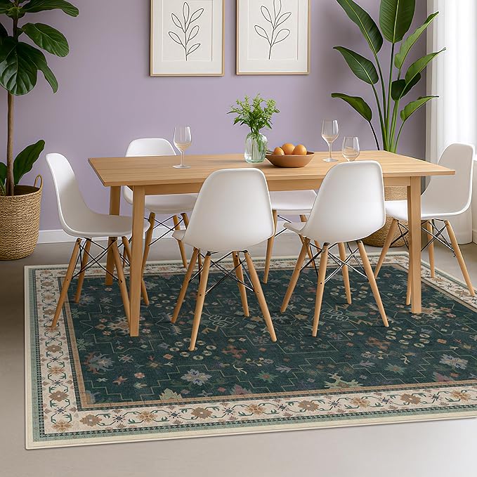 Vintage Dark Green 6x8 Dining Room Rugs for Under Kitchen Table - Washable Livinig Room Rug - Unique Floral Pastel Low Pile Non-Slip Area Rugs for Bedroom