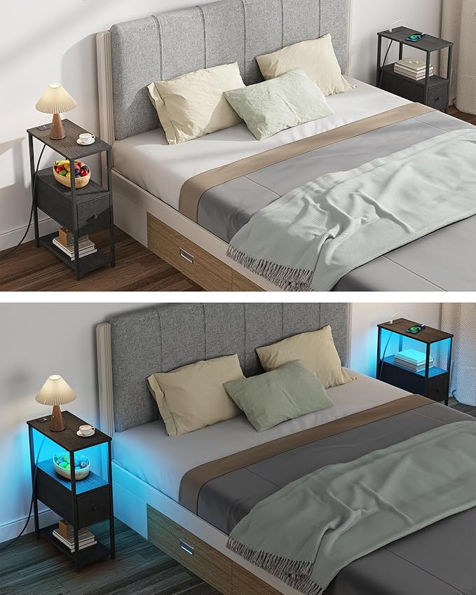 TUTOTAK Small Narrow LED End Table with Charging Station, Side Table Outlets, Nightstand with Cloth Drawer, Set of 2, Couch Table, for Living Room, Bedroom, Bedside, Black TB01BK059