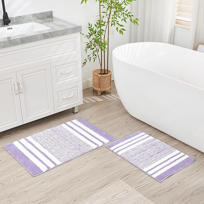 CozeCube Purple Striped Bath mats for Bathroom Non Slip, Fluffy Absorbent Microfiber Bath mat Washable, Aesthetic Bathroom Rugs, Cute Bath mat for Sink, 20" x 32"
