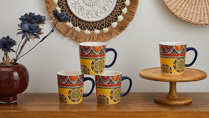 Bico Tunisian Ceramic Mugs, Set of 4, for Coffee, Tea, Drinks, Microwave & Dishwasher Safe
