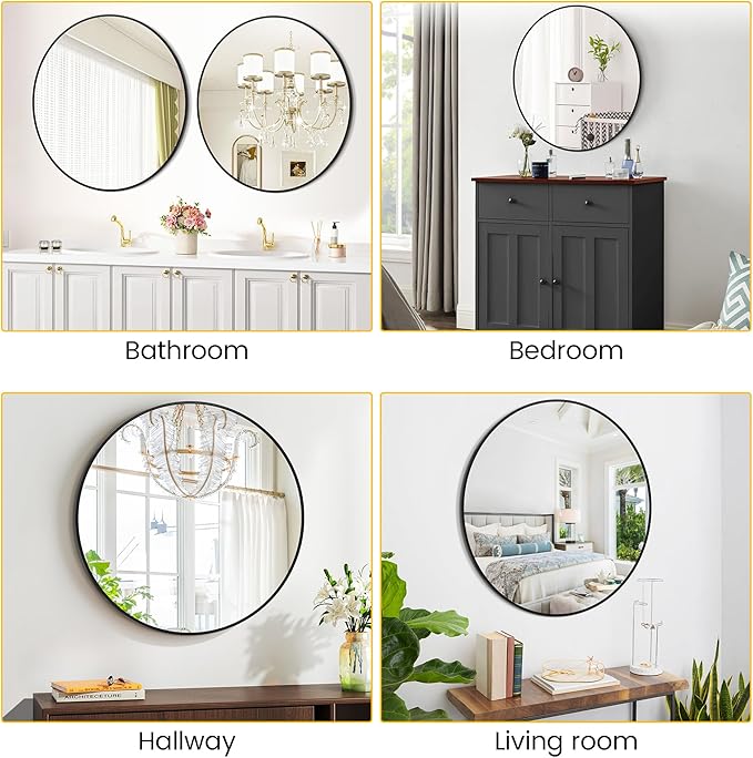IDEALHOUSE 30 Inch Black Round Wall Mirror, Circle Mirror Metal Frame for Bathroom, Vanity, Entryway, Bedroom, Living Room, Wall Mounted Modern Rustic Decor