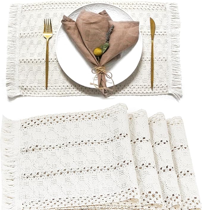 FEXIA Boho Placemats Set of 4, Macrame Table Decor and Farmhouse Style Placemats Natural Cotton Burlap, for Dining Table Kitchen