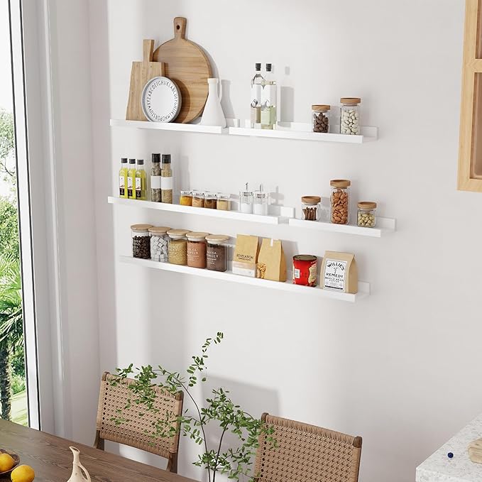 Picture Ledge Shelf, Solid Pine Wood Rustic Floating Shelves for Wall, 48 Inch Long Floating Shelves with Lip for Bedroom Kitchen Living Room Nursery Display-Set of 2 (White)