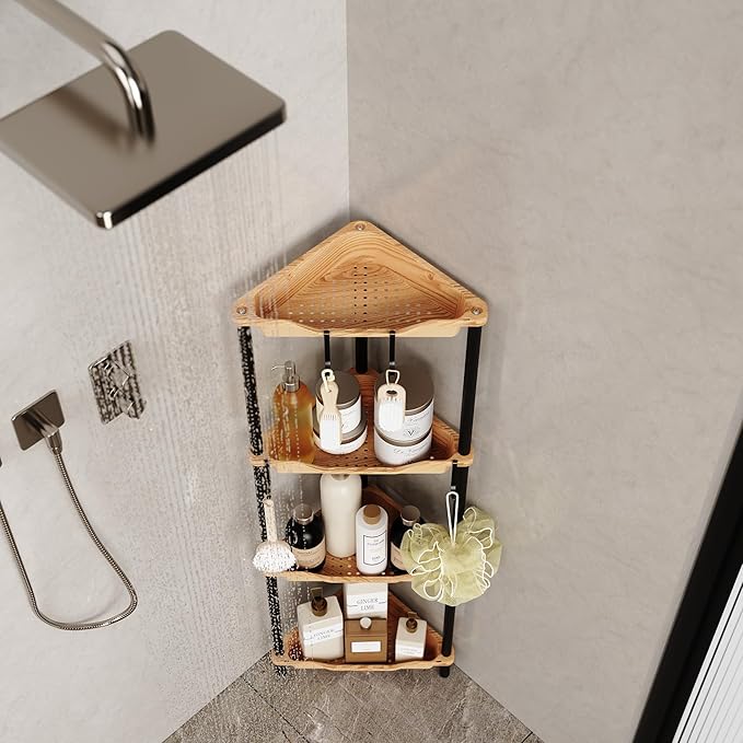 Orimade Rustproof 4 Tier Floor Standing Corner Shower Caddy Organizer, Plastic Metal Splicing Floor Corner Shelf Rack Storage Stands for Bathroom, Wood Grain Surface