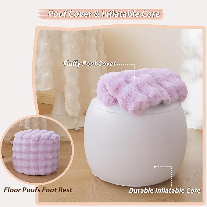 LIFEREVO Faux Rabbit Fur Round Inflatable Pouf Ottoman, 20 X 16 Plush Waffle Bubble Floor Poufs Foot Rest Living Room Bedroom, Light Purple Furry Pouf Foot Stool for Girls Adults, Anti-Slip, Lavender
