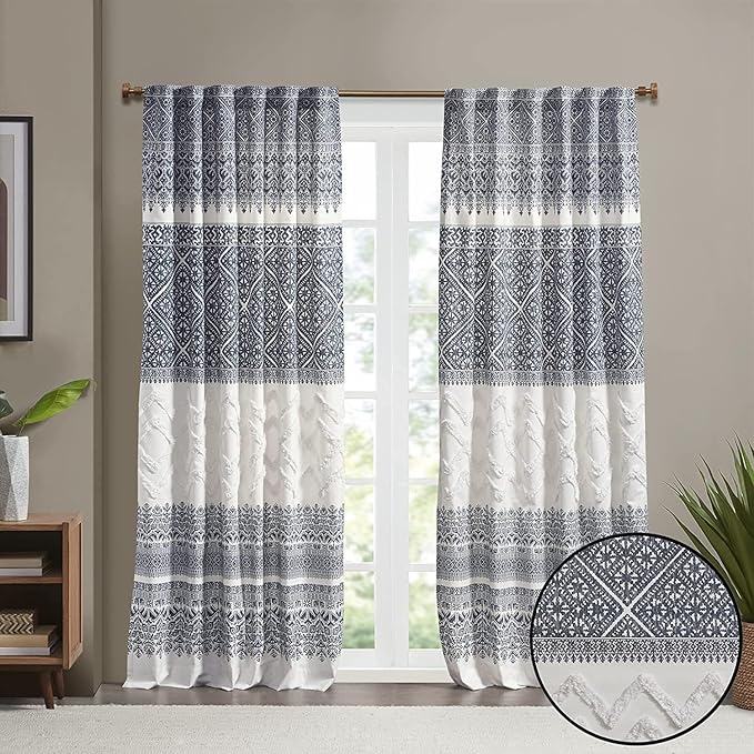 INK+IVY Mila 100% Cotton Single Panel Curtain Tufted Chenile Boho Design Rod Pocket Top Drape for Living Room, Privacy Window Treatment for Bedroom, 50" x 84", Navy/White