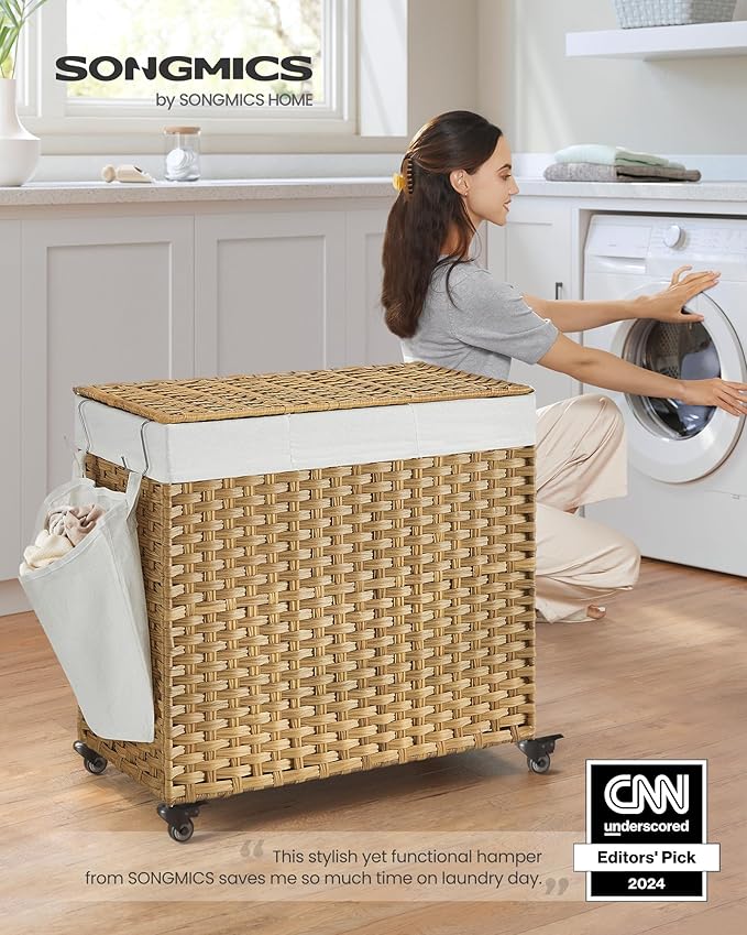 SONGMICS Laundry Hamper with Lid, 42.3 Gallons (160 L), Rolling Laundry Basket with Wheels, 3-Section Synthetic Rattan, Removable Liner, Bedroom, 27.6 x 14.2 x 26 Inches, Natural ULCB365N01