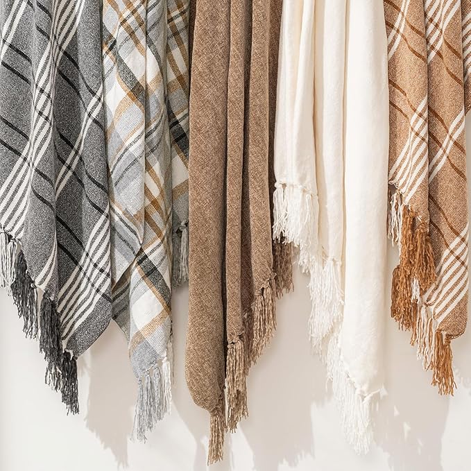 EVERGRACE Plaid Chenille Throw Blanket for Couch, Super Soft Cozy Decorative Farmhouse Plaid Throw with Tassels, Lightweight Chenille Knit Throw for Bed Sofa Gift Home Decor, Grey & Beige 50"x60"