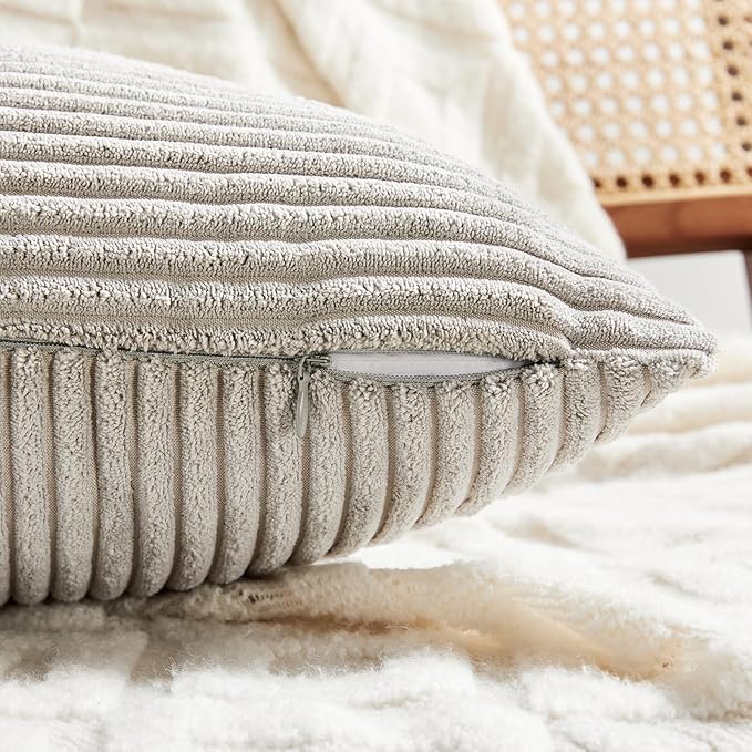 Fancy Homi 2 Packs Neutral Grey Long Lumbar Decorative Throw Pillow Covers 16x24 Inch for Couch Bed Sofa, Rustic Farmhouse Boho Home Decor, Soft Striped Corduroy Rectangle Accent Cushion Case 40x60 cm