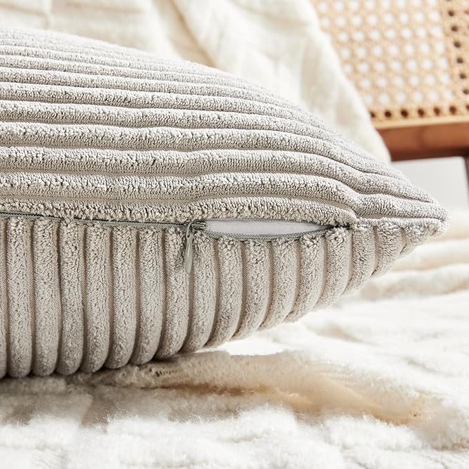 Fancy Homi 2 Packs Neutral Grey Lumbar Decorative Throw Pillow Covers 12x20 Inch for Living Room Couch Bed Sofa, Farmhouse Home Decor, Soft Striped Corduroy Rectangle Accent Cushion Case 30x50 cm