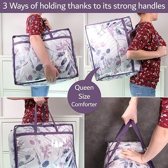 Clear Vinyl Zippered Storage Bags (3-Pack) 40L Sturdy Storage Bags for Sweaters, Blankets, Comforters, Bedding Sets and Much More! (Purple, 18x15x9)