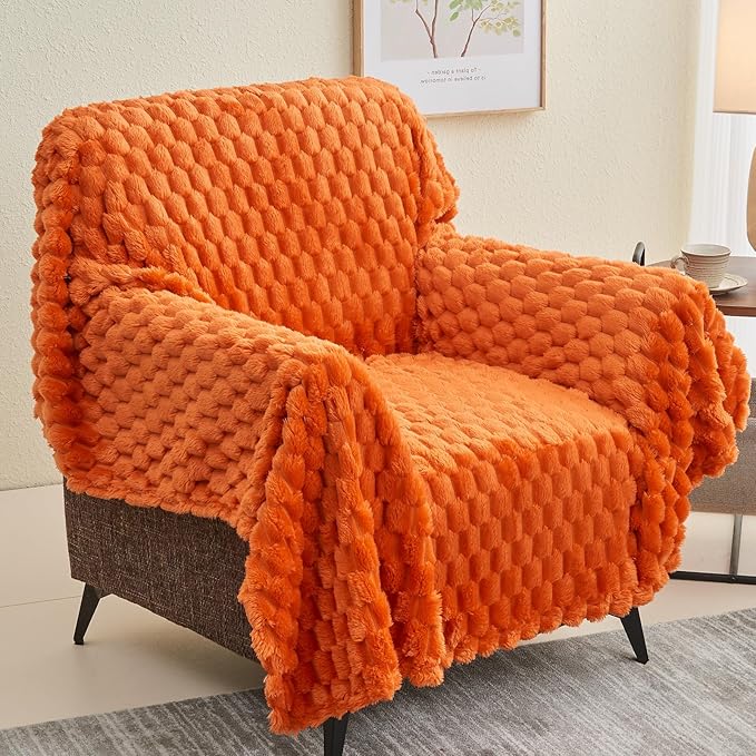 NEWCOSPLAY Super Soft Fall Twin Blanket Orange Premium Silky Flannel Fleece 3D Clouds Stylish Jacquard Lightweight Bed Blanket All Season Use 350GSM (Orange, Twin(60"x80"))