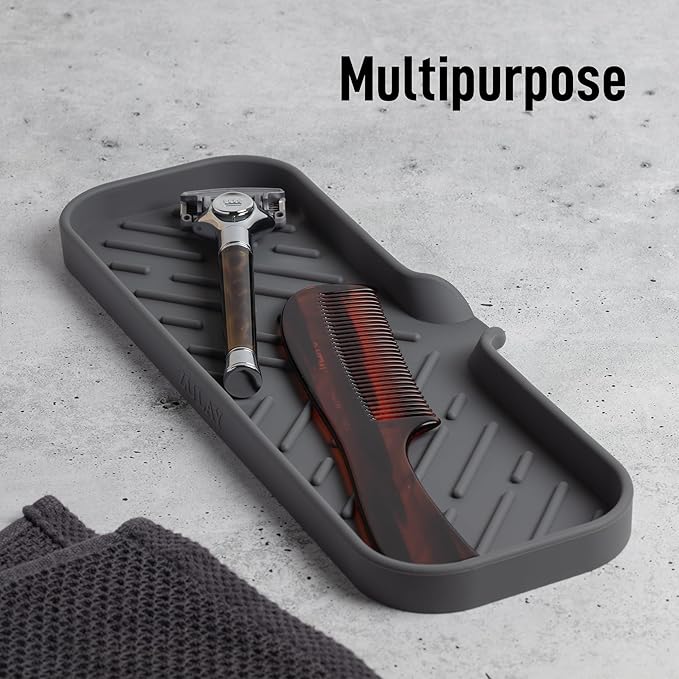 Zulay Large Silicone Sponge Holder (12x4) – Flexible Sink Organizer Tray for Kitchen & Bathroom – Multipurpose Soap Dish for Sponges, Makeup, Trinkets & More (Grey)