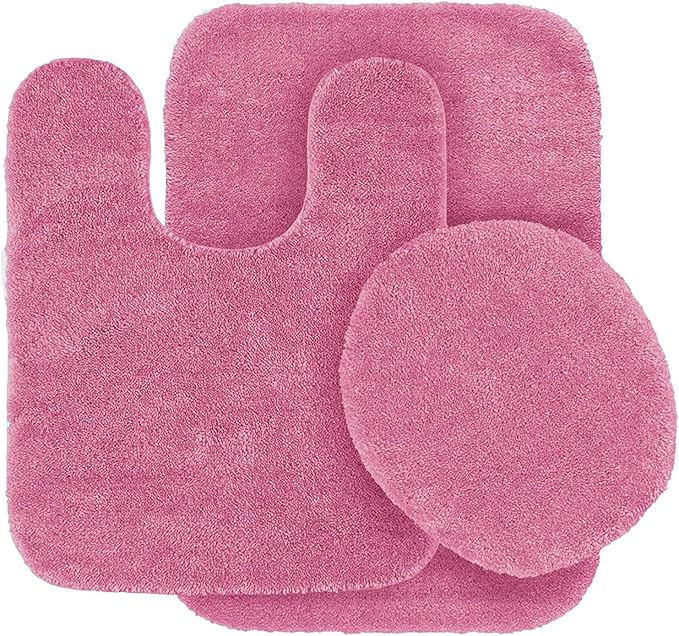 Fancy Linen 3pc Solid Non-Slip Bath Mat Set Bathroom U-Shaped Contour Rug, Mat and Toilet Lid Cover New # 6 (Hot Pink)