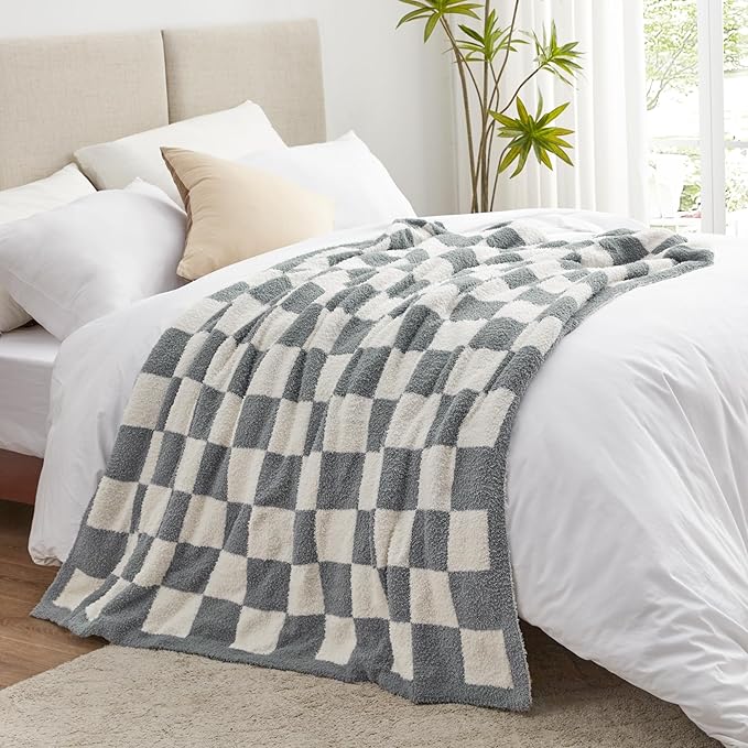 EXQ Home Checkered Throw Blanket, Knitted Blanket with Checkerboard Grid Pattern, Soft Cozy Fluffy Blankets for Couch Bed Sofa, Warm Fuzzy Plaid Blanket for All Seasons(Bluish Grey, 50"×60")