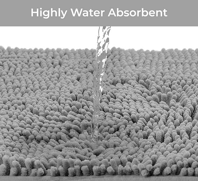 Bathroom Rugs Sets 2 Piece, Luxury Chenille Bath Mat Set, Soft Plush Anti-Slip Bath Rug + U-Shaped Toilet Mat. Microfiber Shaggy Carpet, Super Absorbent (24” x 36” & 20” x 24” U, Light Grey)