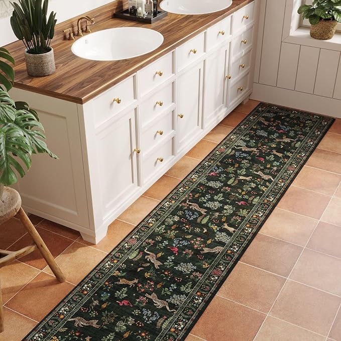 Runners for Kitchen Rug Non Slip 2'x10' Long Washable Rugs with Rubber Backing Soft Floral Animal Carpet Runner for Kitchen, Laundry, Bedroom, Bathroom (Green)