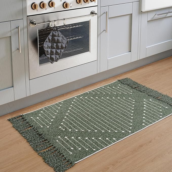LIVEBOX Boho Green Bathroom Rug 2 x 3, Washable Bath Mat with Tassel Cotton Blend Woven Small Area Rug for for Entryway, Kitchen Sink,Front Door