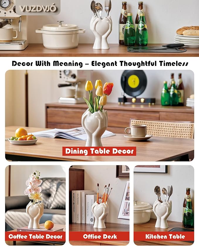 8 inch Tall Hand Heart Flower Vase - Cute Unique Ceramic Small White Vases Home Decor for Pampas Grass Bouquet Plant Tulip Floral - Living Room Coffee Table,Shelf,Dining Table Decor,Mom Gifts (White)